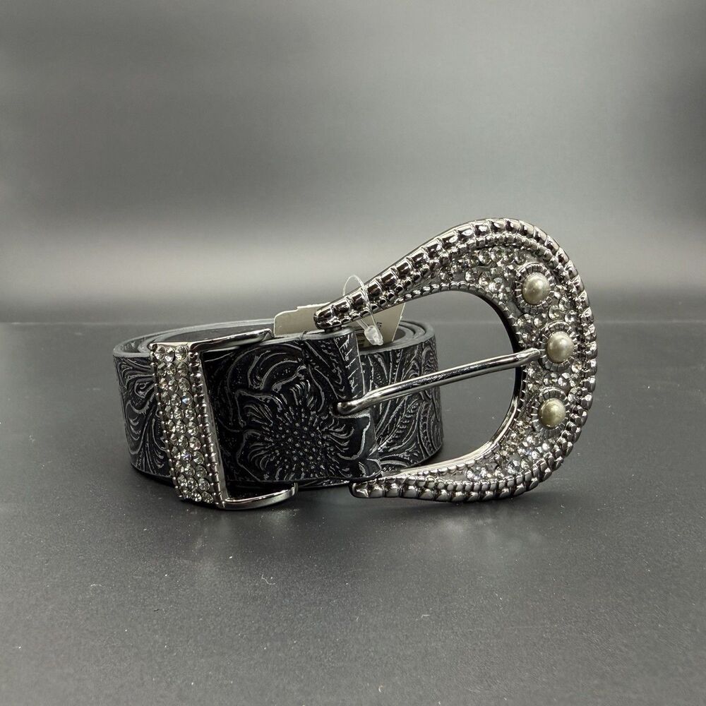 Chico's Women's M Black Floral Embossed Faux Leather Belt Rhinestone Buckle NWT - Picture 9 of 9